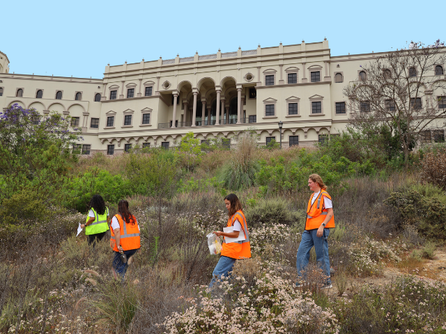 Claudia Avila and USD students on campus doing soil fieldwork