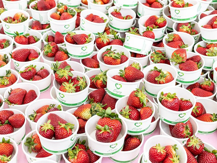 Numerous small servings of whole strawberries.