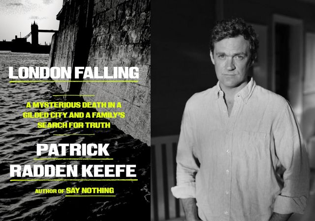 There is a book cover with a picture of a river in London with the text in lime green and white "London Falling. A mysterious death in a gilded city and a family's search for truth. Patrick Radden Keefe author of say nothing". There is a picture of Keefe in black and white wearing a button up t shirt and staring into the camera/