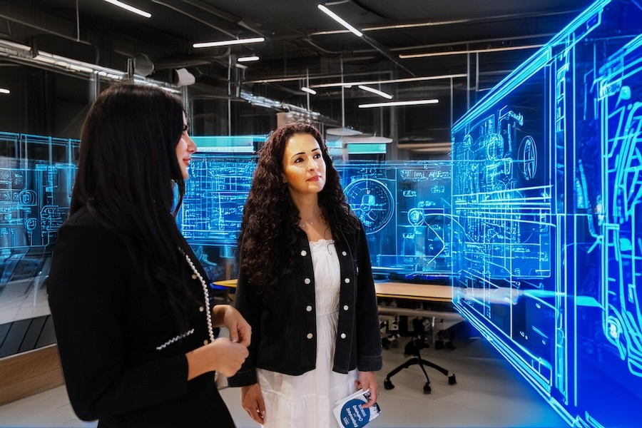 USD engineering student and faculty member looking at AI-generated ideas