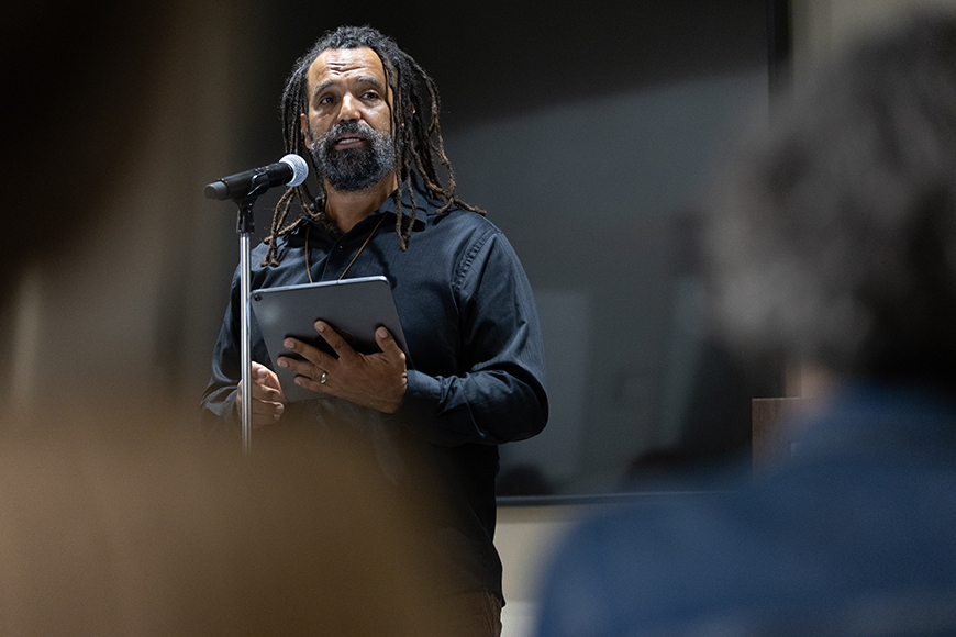Ethnic Studies Associate Professor Jesse Mills, PhD, shares a personal story during There’s More LIVE in the Humanities Center on Thursday, Nov. 9, 2023. (Photo by Matthew Piechalak)