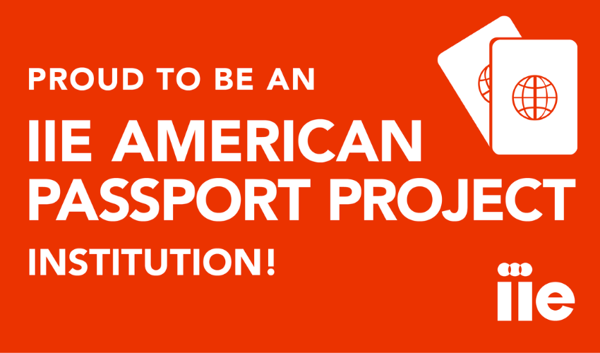 Red and white graphic that reads, "Proud to be an IIE American Passport Project Institution!"