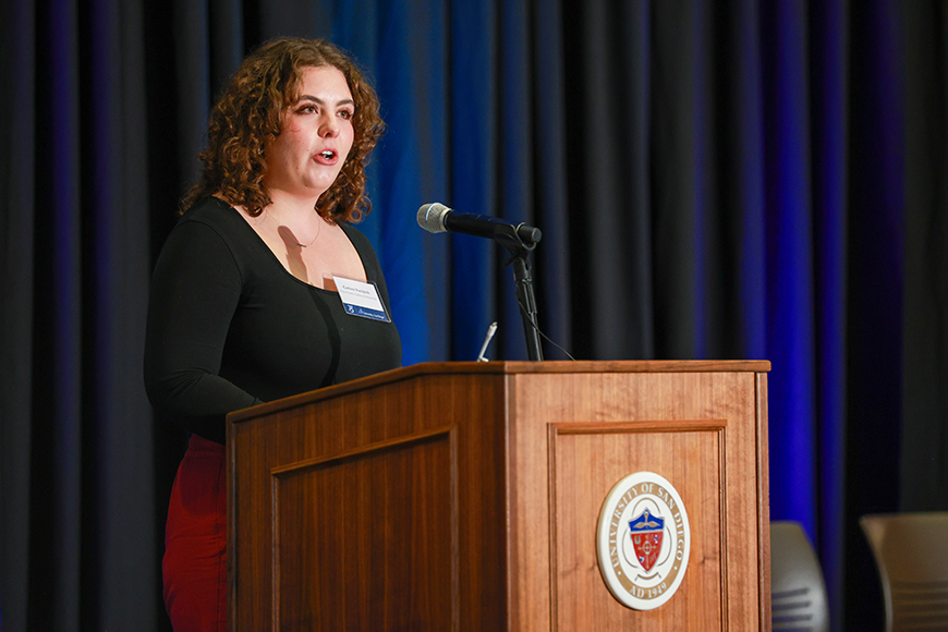USD psychology major Corinne Stackpole speaks during the 34th Scholarship Appreciation Luncheon in the Hahn University Forums on Tuesday, March 12, 2024. (Photo by Matthew Piechalak)