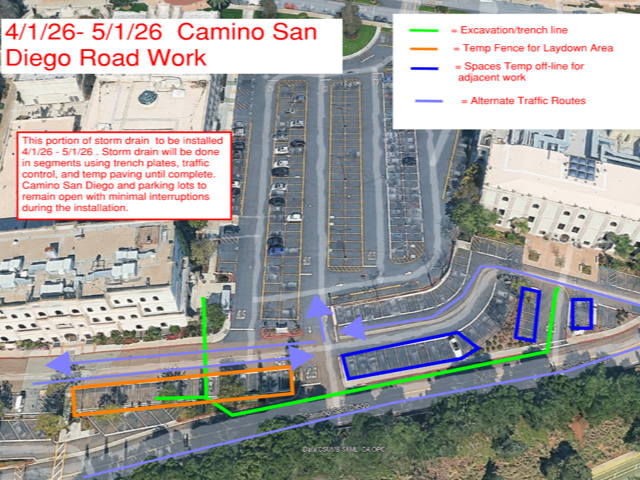 Map of roadwork and alternate traffic routes near Lot S12 from 4/1/26 to 5/1/26