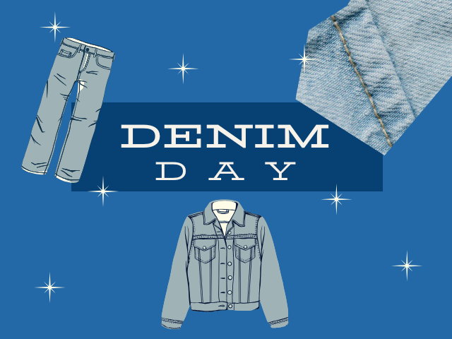 Blue background with denim and star graphics and the …
