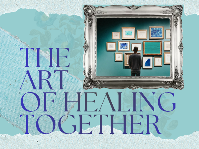 Light blue background with art exhibit graphic and the …