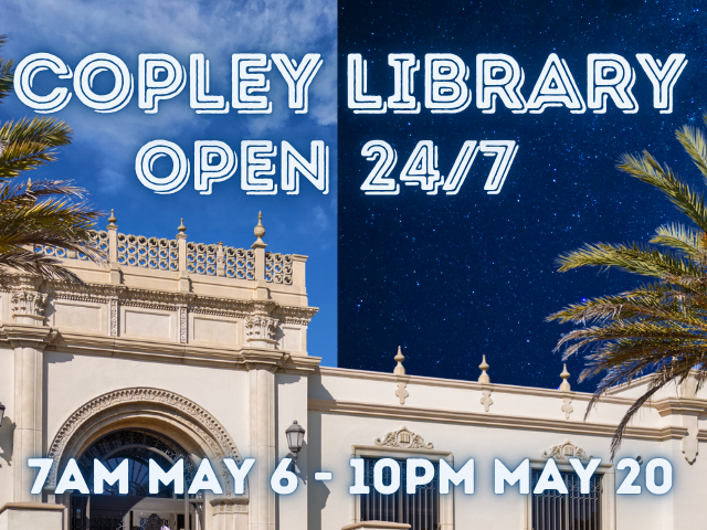 day and night sky split behind Copley Library