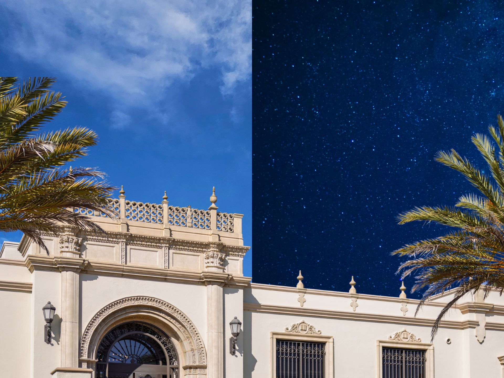 day and night sky behind Copley Library facade