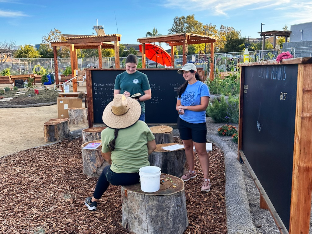Two students from David Syring's anthropology class with a woman in the Linda Vista community garden.