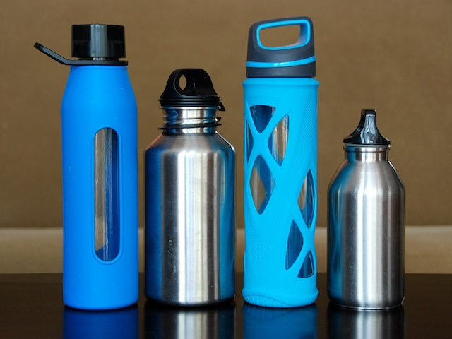 Blue and steel reusable water bottles