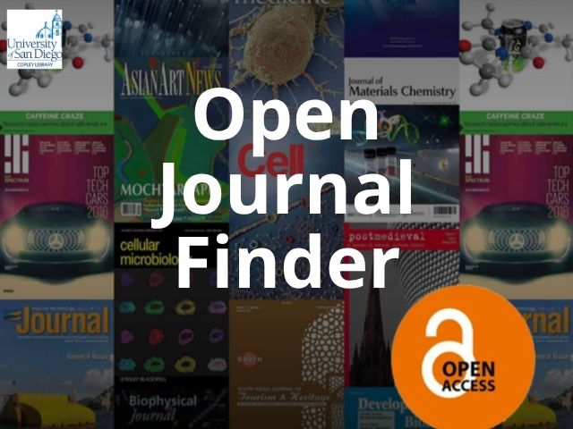 Open Journal Finder and a selection of book covers with Open Access and Copley Library logos