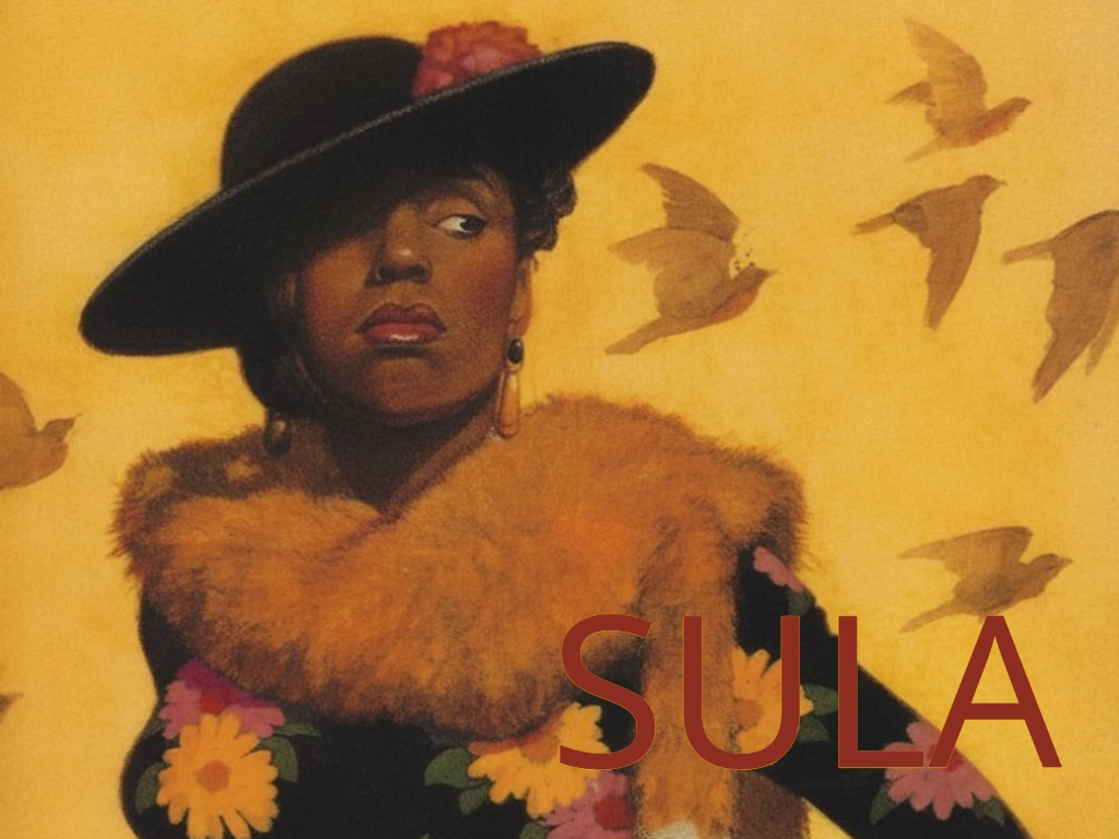 Dark skinned woman, wearing a black hat with a flower and a floral suit with a fur rimmed collar is standing looking sideways. The background is a mustard yellow with red font on the bottom corner that says "Sula"