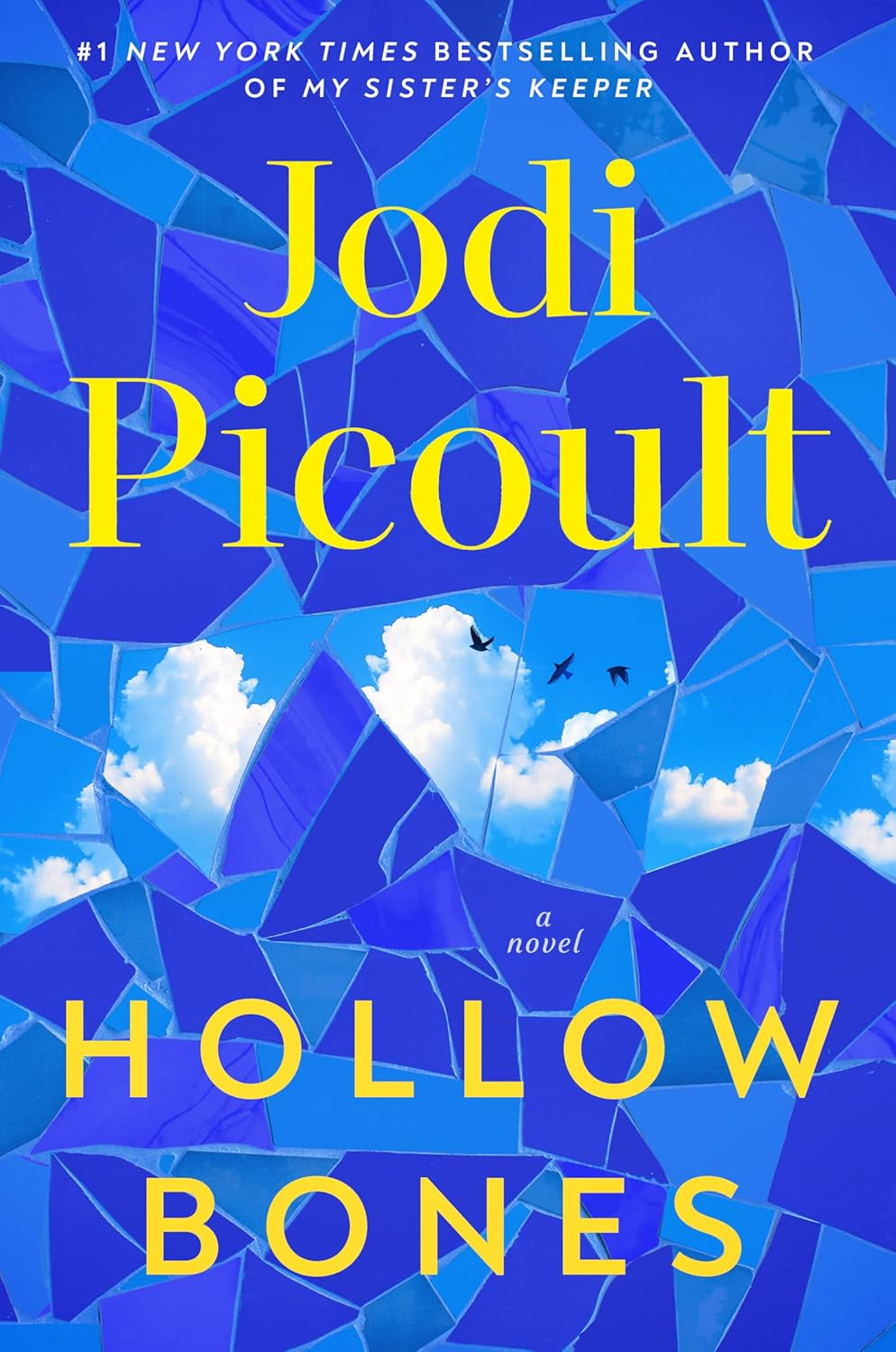 The book cover of "Hollow Bones" features jagged shapes like a broken window that are various shades of blue. In the middle are images of three dark birds flying among the clouds. Text says "Jodi Picoult" in big yellow font at the top and "Hollow Bones" in the same font at the bottom.