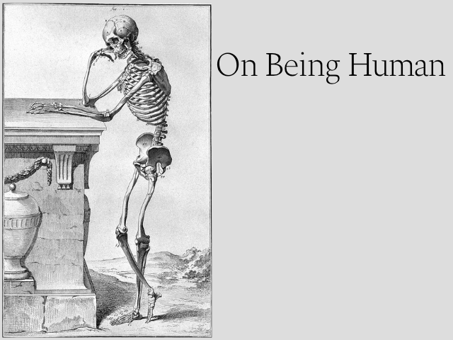A skeleton is resting its elbow onto a plinth with its head in its hand. On the right side is "On Being Human" in simple text.