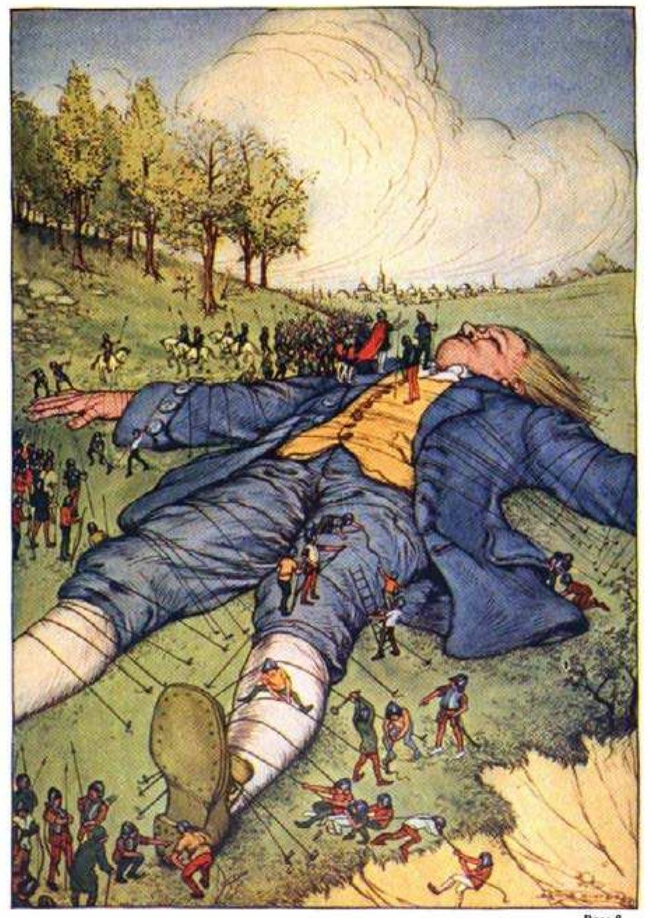 Illustration in "Gullivers's Travels" of a giant lying on his back with little people adhering straps across his body to secure him to the ground.