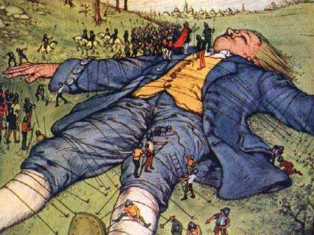 Illustration in "Gullivers's Travels" of a giant lying on his back with little people adhering straps across his body to secure him to the ground.