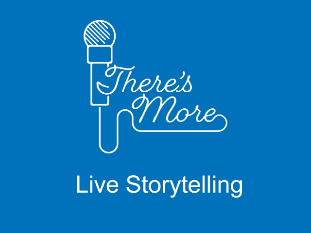 Blue text with There's More logo, which is the outline of a microphone with the words "Theres More" to the right and "live storytelling" underneath.