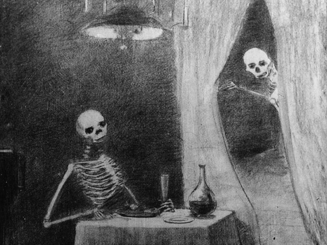 This is a segment of a charcoal and pastel drawing by Odilon Redon entitled "Battle of the Bones". On the left, a skeleton leans on a small table covered with a tablecloth, plate, glass and decanter. On the right, a  skeleton is peering out of a curtain that surrounds a bed.