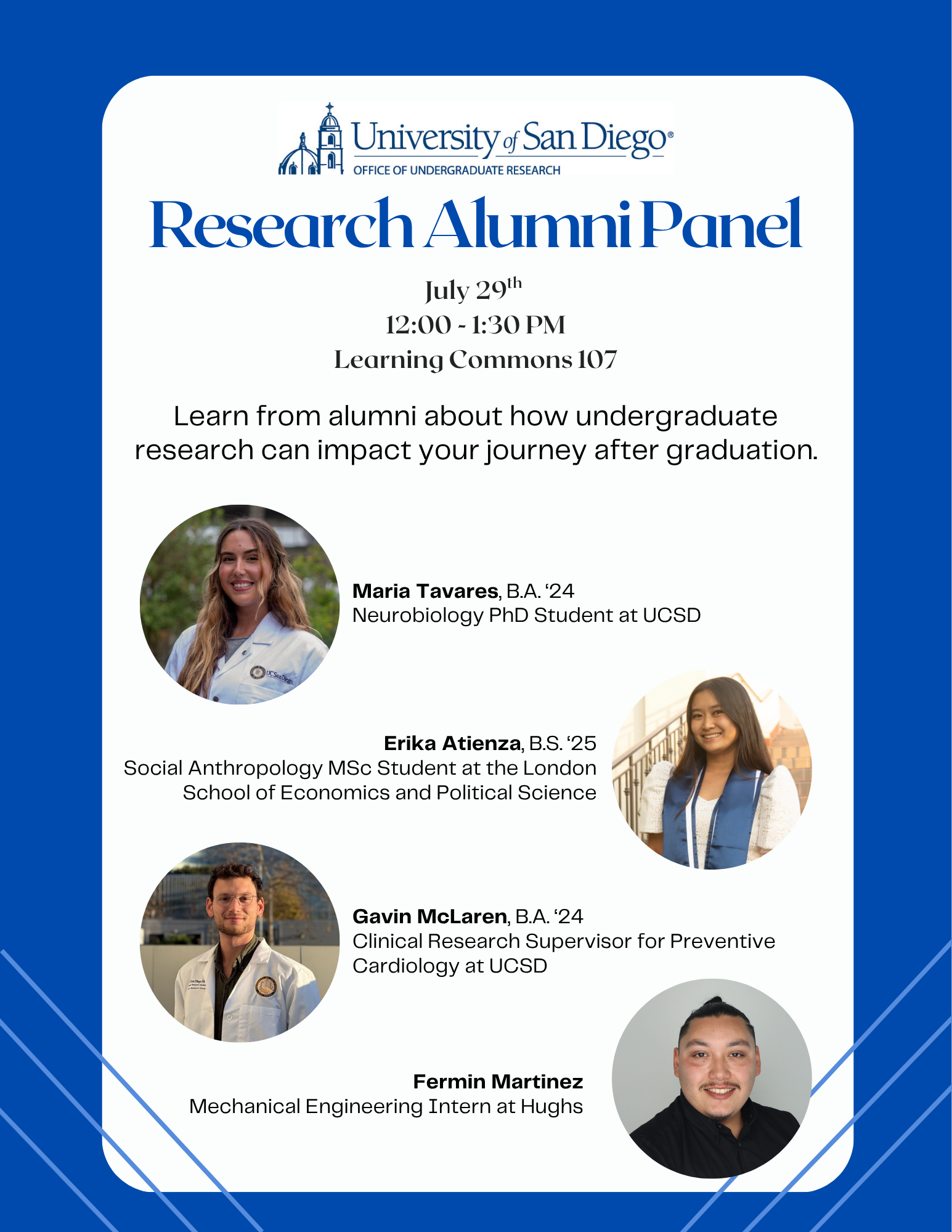 Research Alumni Flyer with guest speakers Maria Tavares, Erika Atienza, Gavin McLaren, and Fermin Martinez.