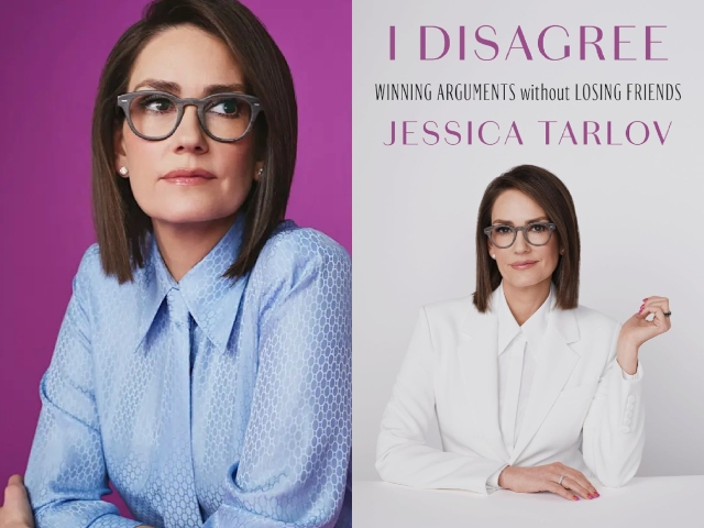 On the left side is a photograph of Jessica wearing a light blue, button down shirt with matching tie. She is looking over her left shoulder with a gentle, closed mouth smile. On the right side is a cover of her book, in which she is wearing a white, button down shirt with matching tie. Her arms are on a white table and the background is also white. In both photographs, she is wearing light gray glasses.