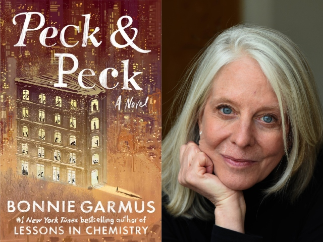 On the left hand side is the cover of the book, which features a book standing on it's bottom edge, opening away from the viewer. It is drawn to look like a highrise building with windows and figures inside the window. On the right hand side is a close up photograph of Bonnie's face, her chin resting on her closed palm.