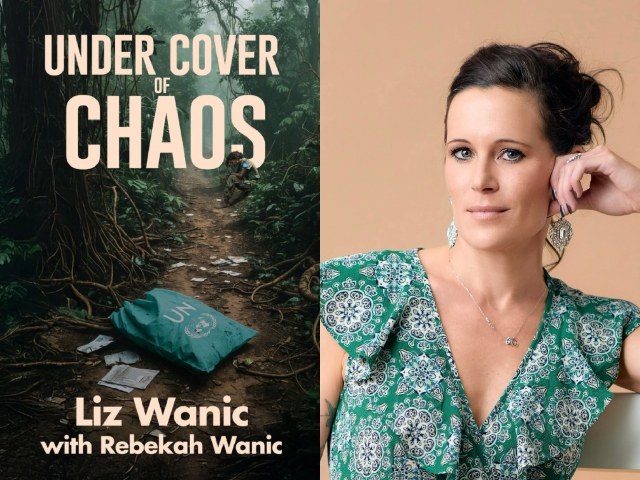 On the left hand side is the cover of "Under Cover of Chaos" which shows a UN bag on a walking path in a forest, with roots of plants and paper littering the pathway. On the right side is a photograph of Rebekah in a ruffled, geometric patterned top. She is leaning on her hand, which is resting on the back of a chair.