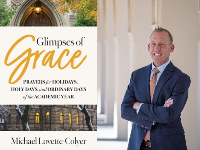 On the left side is the book cover, which is an image of a church with the text in large font in the middle. On the right hand side is a smiling image of Michael Lovette-Colyer, with his arms crossed, wearing a navy suit and peach colored tie.