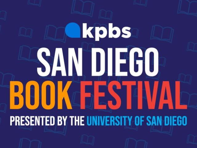 This is a purplish blue square with the KPBS logo on top and then white, yellow, red and blue alternating text as follows: San Diego Book Festival, Presented by the University of San Diego.