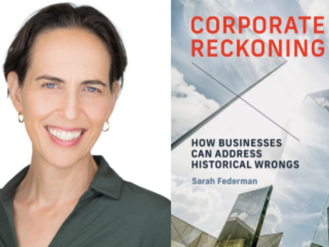 On the left side is a headshot of Sarah smiling, wearing gold hoop earrings and an olive green, collared shirt. On the right side is the book cover, which shows mirrored buildings that reflect the cloudy skyline.