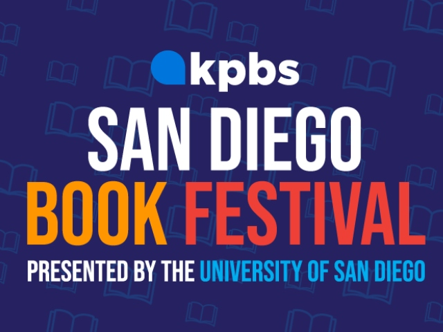 This is a purplish blue square with the KPBS logo on top and then white, yellow, red and blue alternating text as follows: San Diego Book Festival, Presented by the University of San Diego.