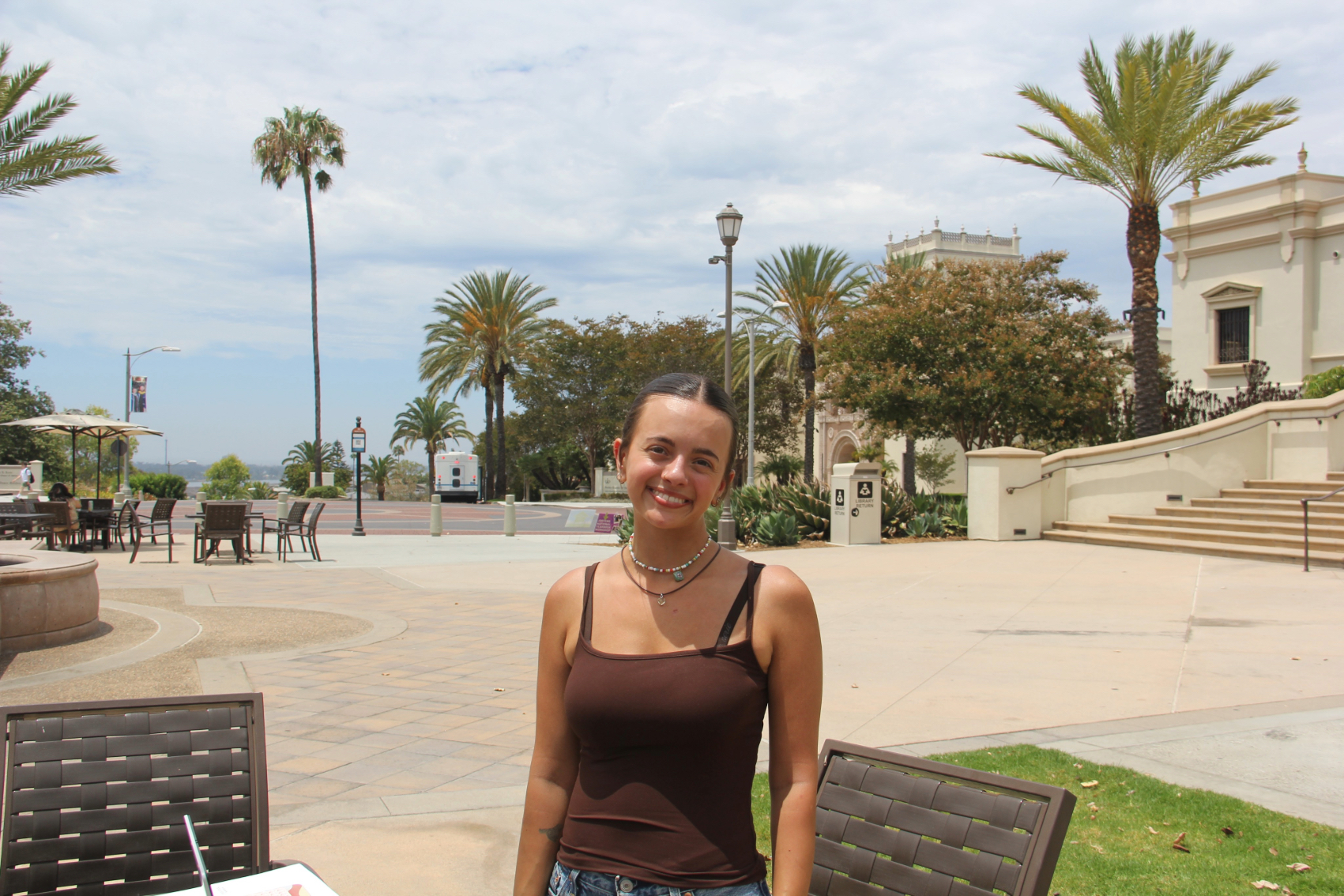 Mia Gleason in front of USD Copley Library.