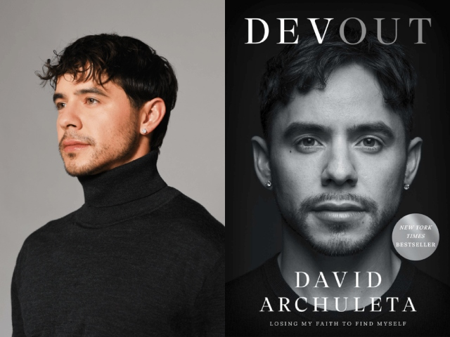 On the left side is a photograph of David looking off to the left, his body angled away from the viewer. He is wearing a black turtleneck and diamond stud earring. On the right hand side is his book cover which features a headshot of David looking head on with a relaxed smile.