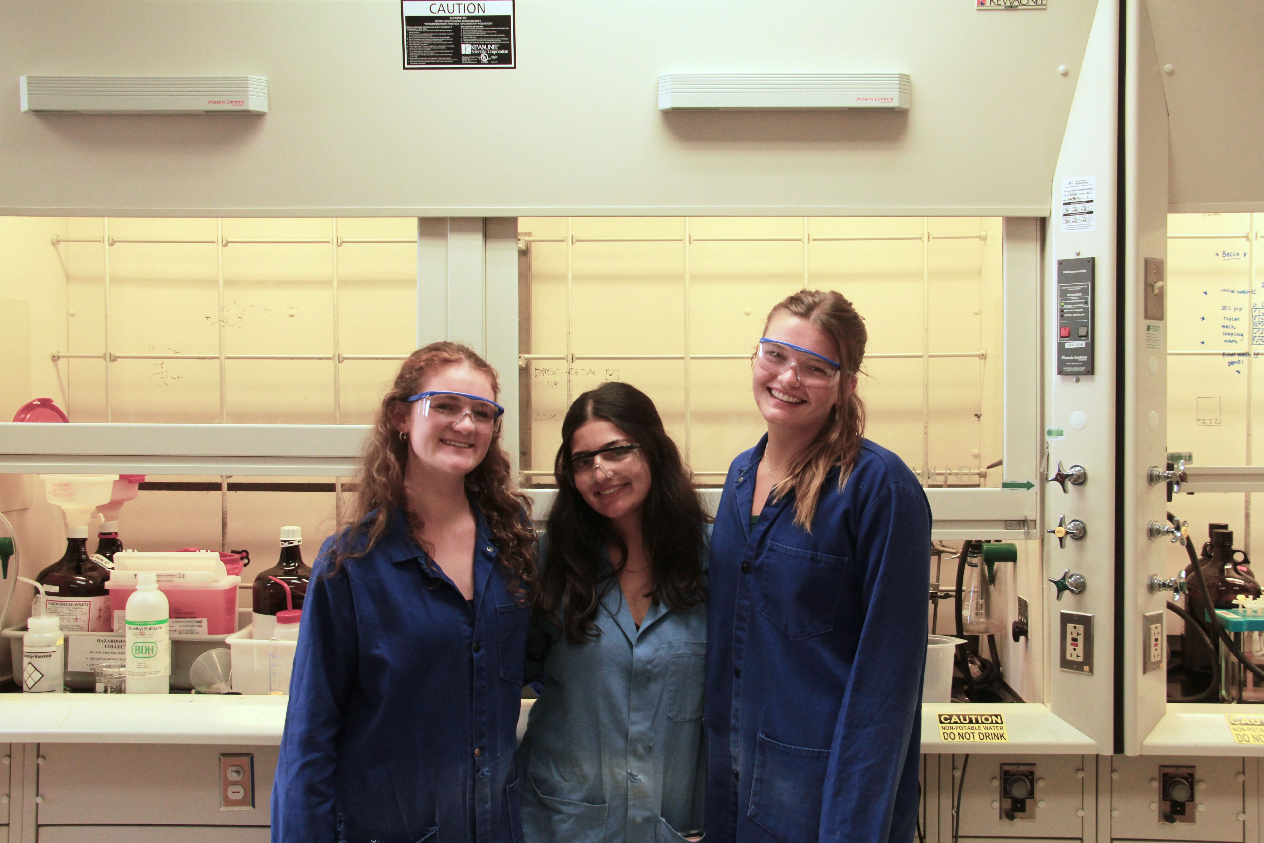 Rachel Grace, Carli Ziegler and Rebecca Albracht in the chemistry and biochemistry laboratory.