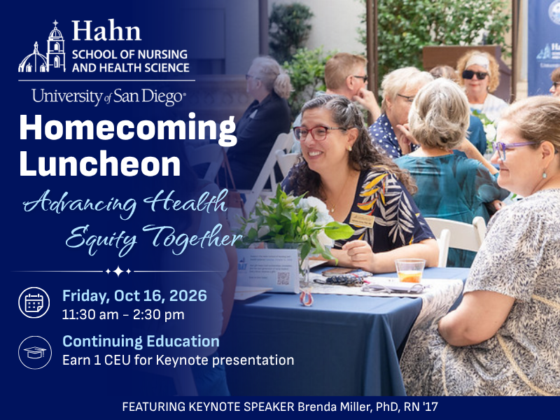 Promotional graphic for the Hahn School of Nursing and Health Science Homecoming Luncheon featuring alumni gathered at a previous event