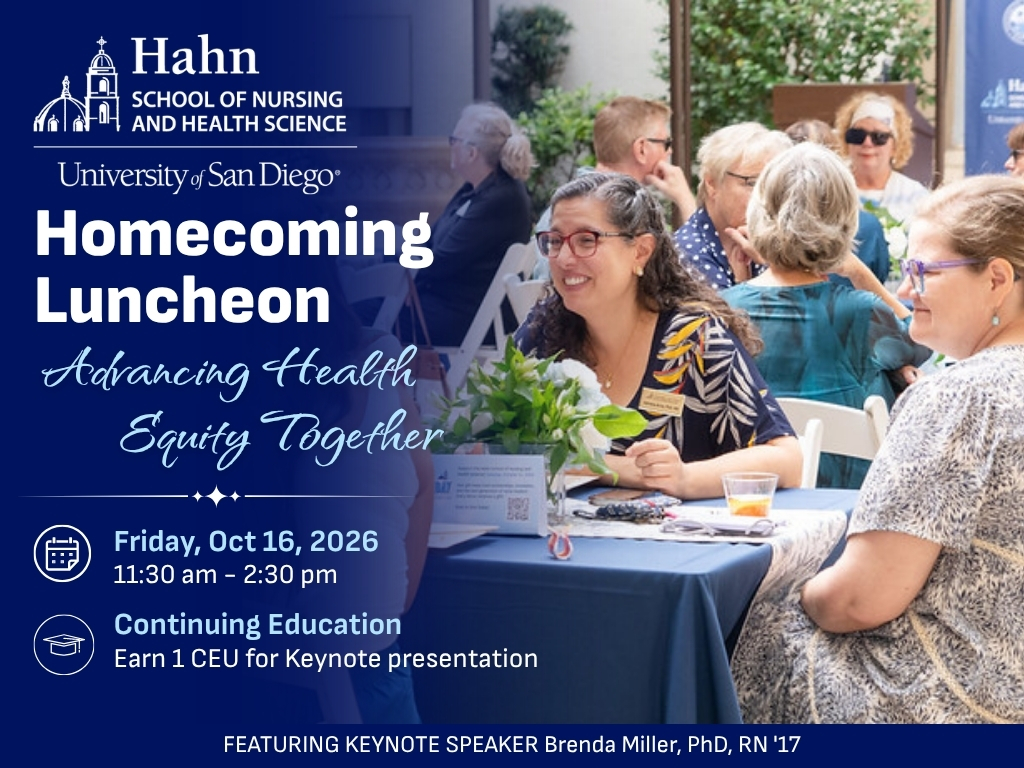 Promotional graphic for the Hahn School of Nursing and Health Science Homecoming Luncheon featuring alumni gathered at a previous event