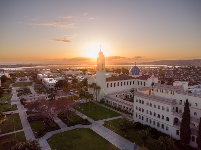 Image of USD Campus and the Immaculata with students walking