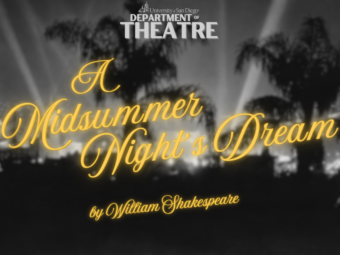 Background is black and white old Hollywood landscape with silhouettes of palm trees in the foreground and bright search lights in the sky in the back. Across the background in glowing gold cursive lettering is: A Midsummer Night's Dream by William Shakespeare. Below in white lettering: Directed by Jersten Seraile, Studio Theatre, November 12 - 15, 2026, Times Vary.
