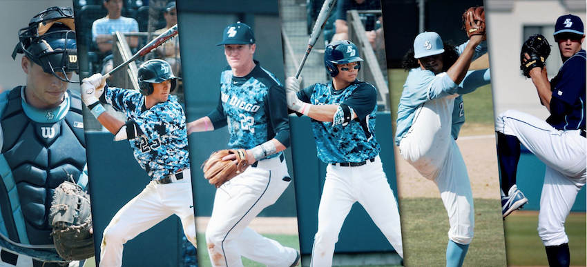 Collage image of six USD baseball alumni