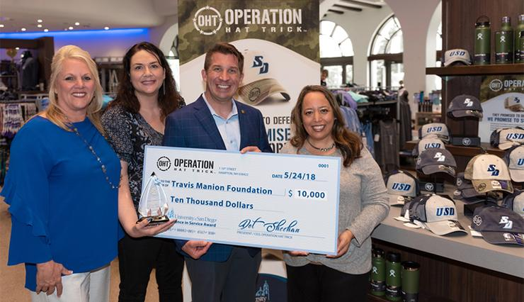 University of San Diego, winners of the national 2018 Operation Hat Trick Service Award, donated the $10,000 prize to the Travis Manion Foundation. TMF's Derek Abbey accepted the check from USD.