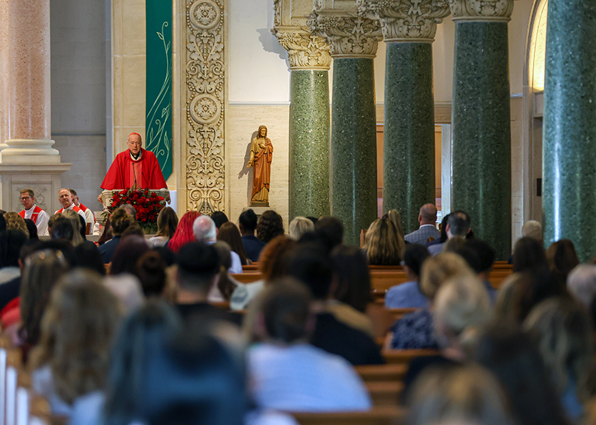 Cardinal Robert Walter McElroy presides over USD's Mass of the Holy Spirit in The Immaculata on Thursday, Sept. 12, 2024. (Photo by Matthew Piechalak)