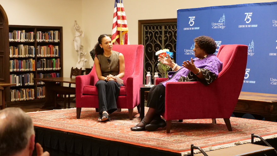 California Secretary of State Shirley Weber, PhD (right), and USD Assistant Professor of Sociology Angela Nurse, PhD (left), discuss topics during the “How Civil Discourse Can Make A National Election Meaningful Locally" event at USD Tuesday evening. (Photo: Steven Covella)
