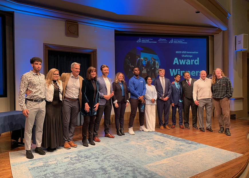 Participants and judges pose at the USD Innovation Challenge