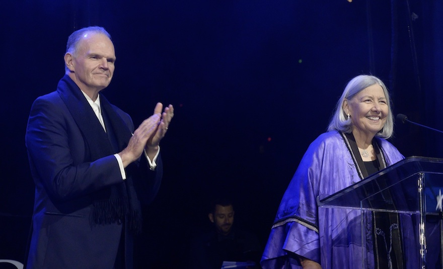 USD President Jim Harris and Darlene Shiley announce Shiley's $75 million donation to the University of San Diego at the 75th Anniversary Founders Gala event. (Photo: Alé Delgado)