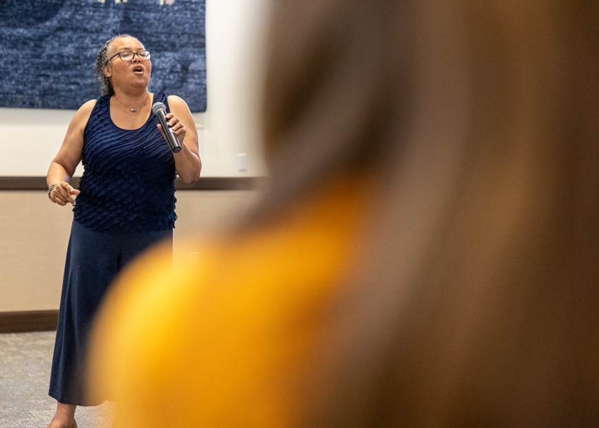 Dale Fleming, of the Martin Luther King, Jr. Community Choir San Diego, sings "Oh Freedom" during USD's Second Annual Juneteenth Celebration on June 15, 2023. (Photo by Matthew Piechalak)