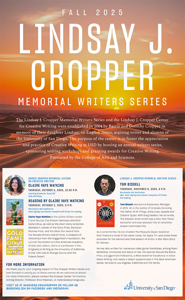 The official event poster, with the text "Fall 2025 Lindsay J. Cropper Memorial Writers Series" over a pink sunset and desert dunes.