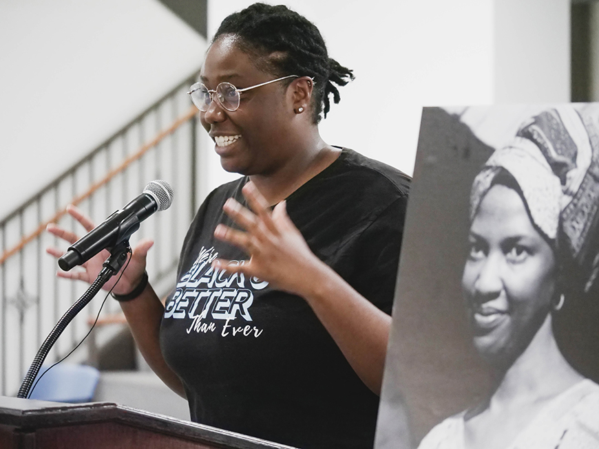 Kaia Morrison, a fourth-year computer science major and president of the USD Black Student Union, speaks during the Sister Thea Bowman Plaza naming ceremony on Tuesday, Nov. 8, 2022. (Photo by Matthew Piechalak)