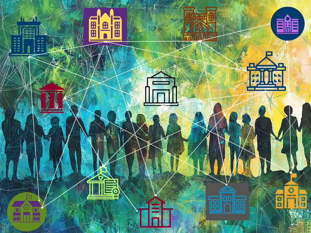 Image of a silhouette of people holding hands with a diagram of a network of different colleges superimposed on the main image.