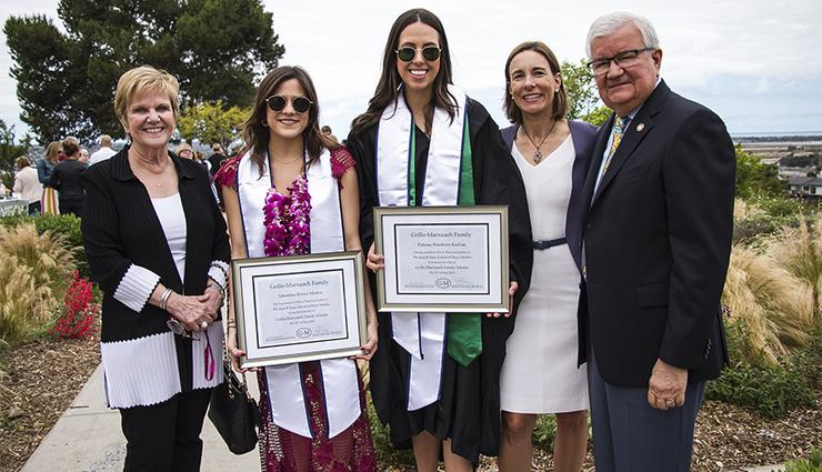 Maria Marxuach-Grillo, Valentina Rivera Muñoz, Paloma Wiethorn Kochan, Dean Patricia Marquez and Antonio Grillo-Lopez celebrate success at Kroc School post-graduation party.