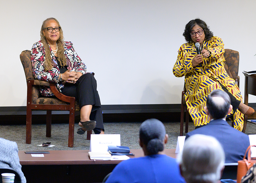 Keynote speaker Renetta Garrison Tull (right) and USD’s Vice Provost for Diversity, Equity and Inclusion Regina Dixon-Reeves on stage during the annual Roy L. Brooks Distinguished Lecture Series on Thursday, Nov. 7. (Photo by Lauren Radack)