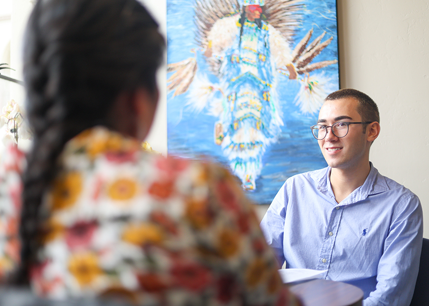 USD President for a Day Robert Justice talks to USD Tribal Liaison Sahmie Wytewa on Thursday, May 11, 2023. (Photo by Matthew Piechalak)